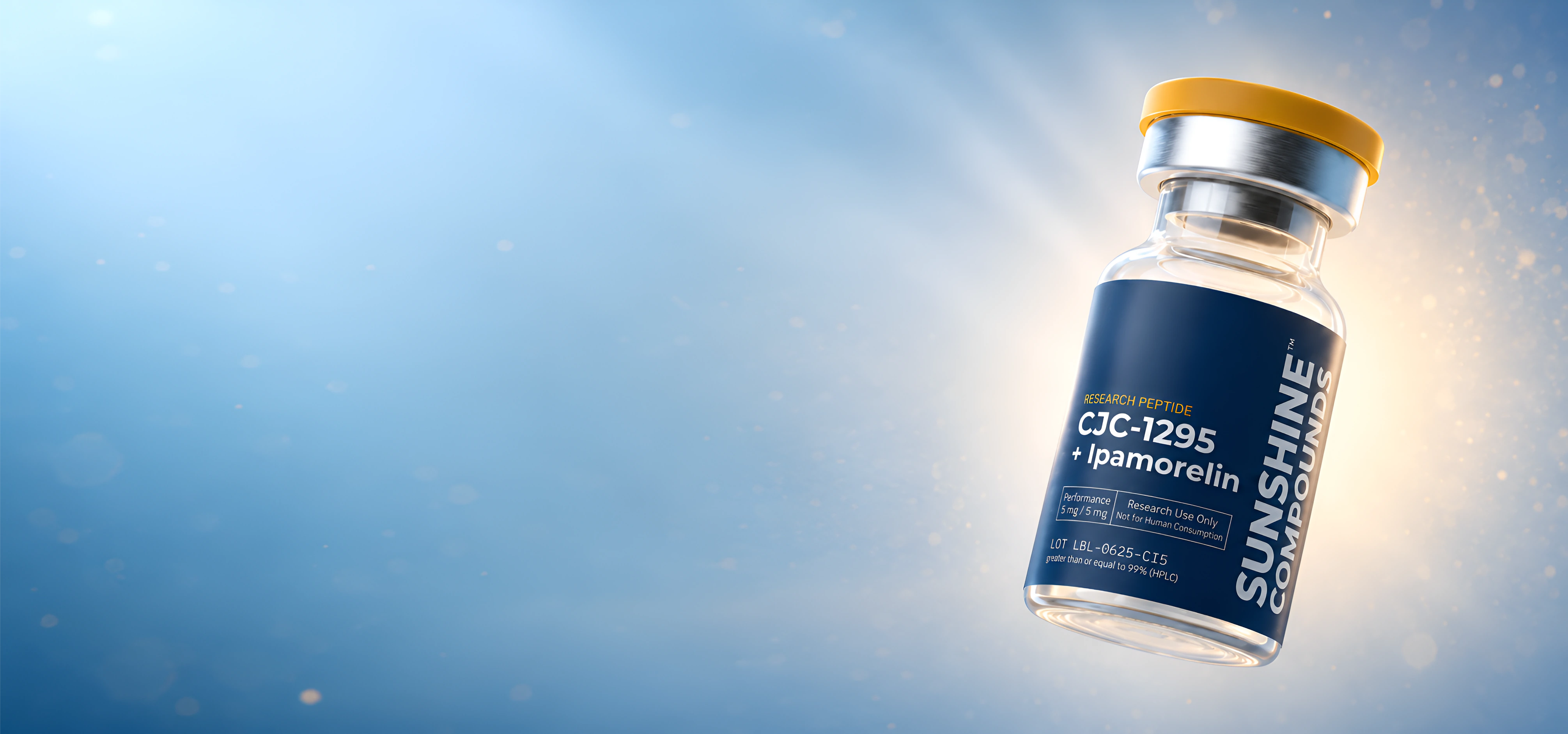 A Sunshine Compounds research peptide vial suspended in daylight